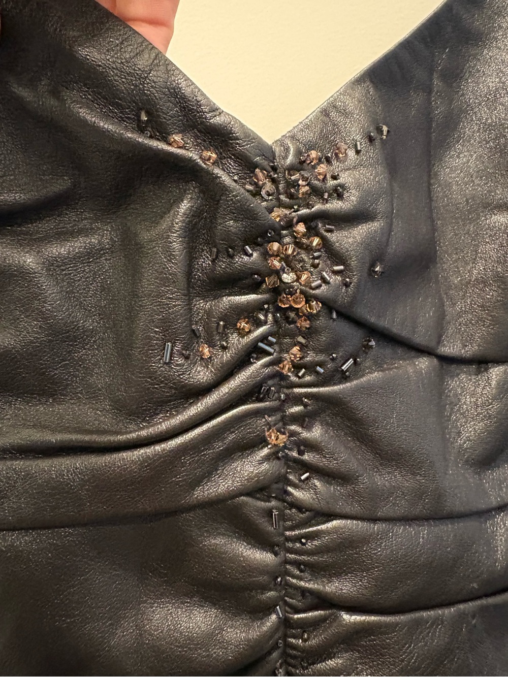 VINTAGE Armani Collezioni . Leather Ruched Beaded Corset Top . Sz.6 /XXS-XS